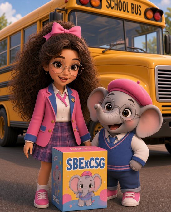 A 3D cartoon-style scene showing a girl with glasses and a pink bow alongside a friendly elephant character in a sweater vest, standing by a yellow school bus next to a box labeled 'SBExCSG.'