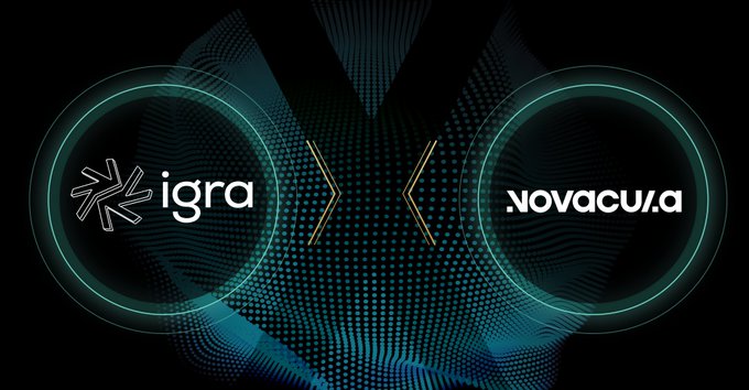 A graphic featuring the logos "igra" and "Novacula" flanking a pair of yellow arrows, set against a dark, dotted abstract background with teal circular accents. The image visually represents the partnership and integration between Igra and Novacula, complementing the post's announcement about Novacula's beta launch for deploying free, self-hosted Igra RPC nodes.