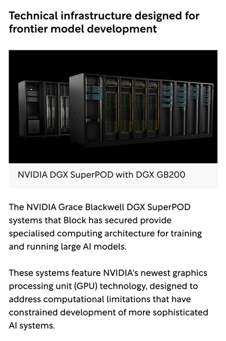 A tech article screenshot titled "Technical infrastructure designed for frontier model development" featuring an image of an "NVIDIA DGX SuperPOD with DGX GB200" server rack, mentioning Block's acquisition of NVIDIA Grace Blackwell systems.