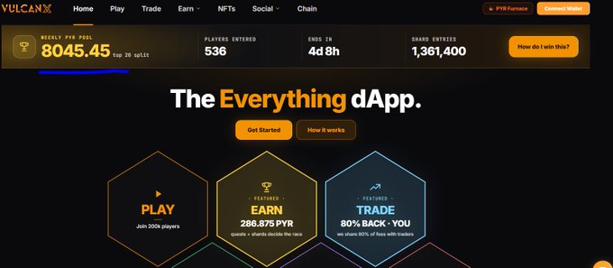 VulcanX 'The Everything dApp' homepage displaying a weekly prize pool of 8045.45 with 536 players entered, 4d 8h remaining, and sections for Play, Earn, and Trade.