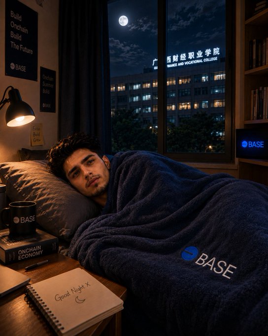 A person wrapped in a blue 'BASE' branded blanket lies in bed next to a notebook reading 'Good Night', with a poster stating 'Build Onchain Build The Future'.
