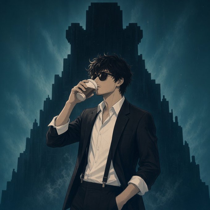 An anime-style illustration of a young man in a black suit and sunglasses drinking from a coffee cup against a dark, atmospheric backdrop featuring a massive towering structure.