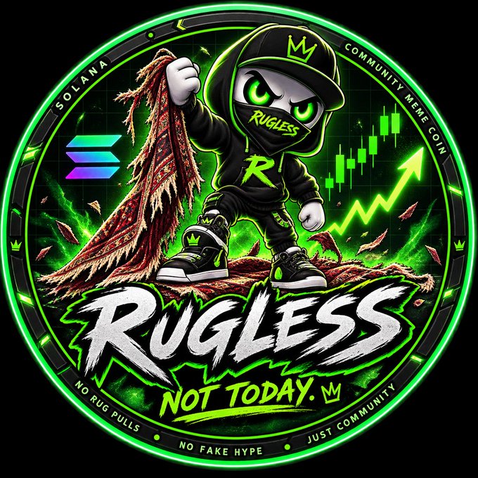 A cartoon mascot in a black hoodie and cap labeled "RUGLESS" triumphantly raises a torn rug above their head, with "RUGLESS" and "NOT TODAY" displayed prominently in bold text against a green Solana-themed background featuring the ticker $RUG and tags like "NO RUG PULLS," "NO FAKE HYPE," and "JUST COMMUNITY." The image directly visualizes the post's anti-rug-pull message, with the defiant character symbolically rejecting scams while reinforcing the coin's meme-driven, community-focused branding on Solana.