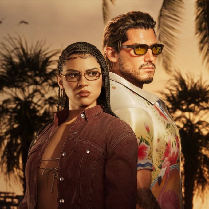 The image shows a promotional render of GTA VI's protagonists—a Black woman with braided hair and glasses in a brown jacket, standing back-to-back with a bearded man wearing yellow-tinted sunglasses and a vibrant flamingo-patterned shirt, set against a sunset backdrop with palm trees. The image directly relates to the post as it depicts the rumored GTA VI characters that the alleged "CyberLeek" leaker reportedly claimed to have insider knowledge about and monetized through crypto donations.
