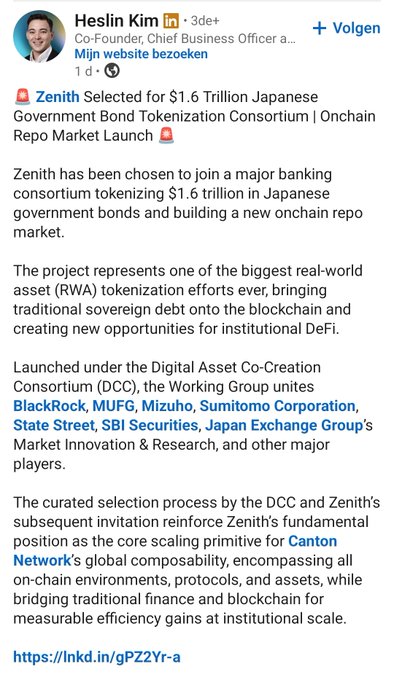 The image is a LinkedIn post from Heslin Kim announcing Zenith's selection for a $1.6 trillion Japanese government bond tokenization consortium under the Digital Asset Co-Creation Consortium (DCC), featuring major institutions like BlackRock, MUFG, Mizuho, and State Street.

The post asks if Chainlink ($LINK) is involved in the project, and the image relates by showcasing the consortium details—though notably, Chainlink is not mentioned among the listed partners (BlackRock, MUFG, Mizuho, Sumitomo Corporation, State Street, SBI Securities, and JPX).