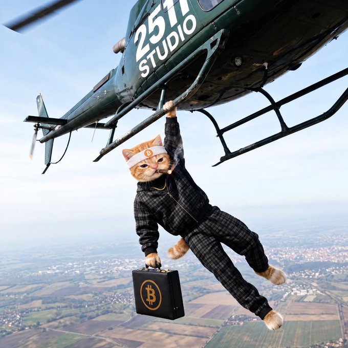 A cat wearing a ninja-style outfit and a Bitcoin headband hangs from a helicopter labeled "25TH STUDIO" while clutching a briefcase marked with the Bitcoin "₿" symbol, soaring high above a patchwork landscape. The image symbolizes resilience and high-stakes conviction in crypto—much like the post's message about weathering a dip from 6m to 700k and pushing toward long-term growth at 30m.