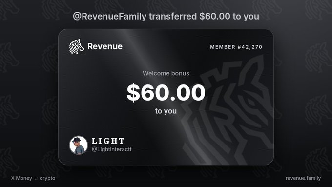 A digital payment notification from Revenue showing a welcome bonus transfer of $60.00 from @RevenueFamily to user LIGHT (@Lightinteractt).