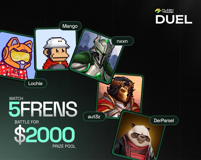 A promotional graphic for "The Great Duel" by Flash Trade featuring five competitor profile cards (Lochie, Mango, nxxn, aut3z, and DerParsel), advertising a 24-hour leveraged Solana trading competition with a $2,000 prize pool.