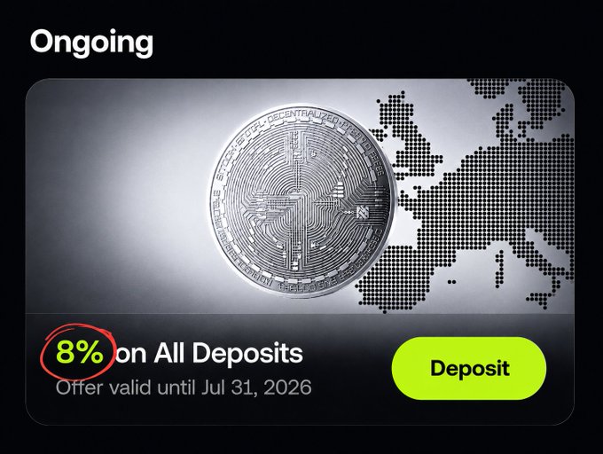 A cryptocurrency exchange promotional banner advertising 8% on all deposits (valid until Jul 31, 2026), featuring a silver physical Bitcoin coin against a world map background.