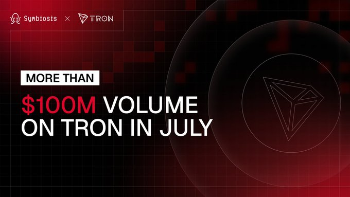 A Symbosis × TRON promotional graphic features the headline "MORE THAN $100M VOLUME ON TRON IN JULY" alongside a glowing TRON diamond logo, visually reinforcing the announcement that Symbiosis facilitated over $100 million in trading volume to the TRON ecosystem in July.