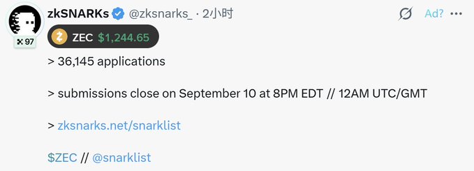 A tweet from zkSNARKs advertising a ZEC ($1,244.65) bounty for 36,145 applications, with submissions closing on September 10 at 8PM EDT (12AM UTC/GMT).