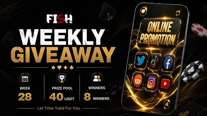 A promotional graphic for 'FISH WEEKLY GIVEAWAY' showing Week 28, a prize pool of 40 USDT, and 8 winners, featuring social media app icons including Twitter, TikTok, Facebook, Reddit, Instagram, and YouTube.