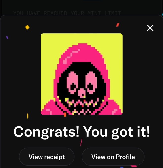 A digital pop-up notification displaying a pixelated pink skull image with the text 'Congrats! You got it!' along with buttons to 'View receipt' and 'View on Profile'.