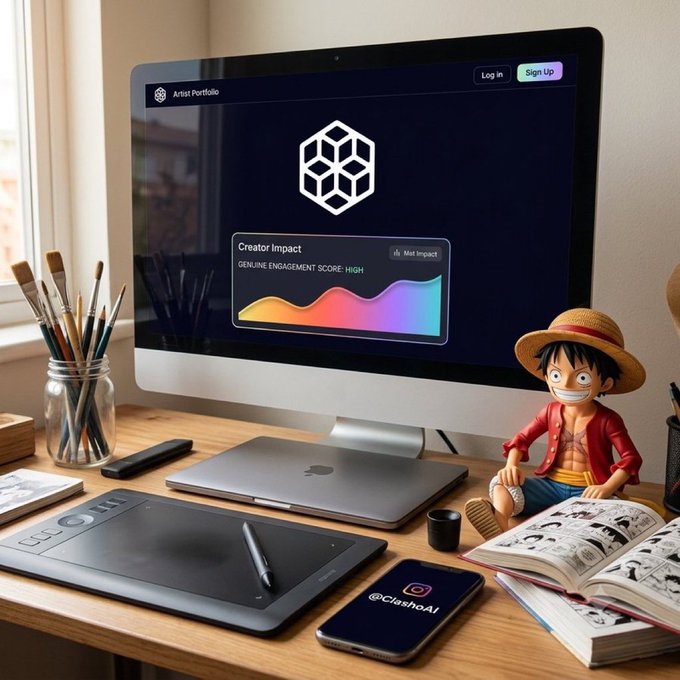 A desktop workspace displaying an 'Artist Portfolio' interface showing a 'Creator Impact' graph, with an anime figurine of Luffy, drawing tablet, and manga visible on the desk.