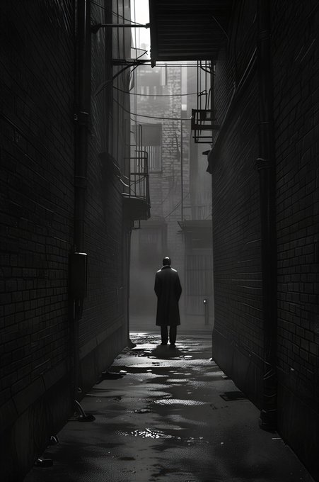 A moody black-and-white photograph of a lone figure in a long coat walking down a narrow, wet, brick-lined alleyway toward distant light.