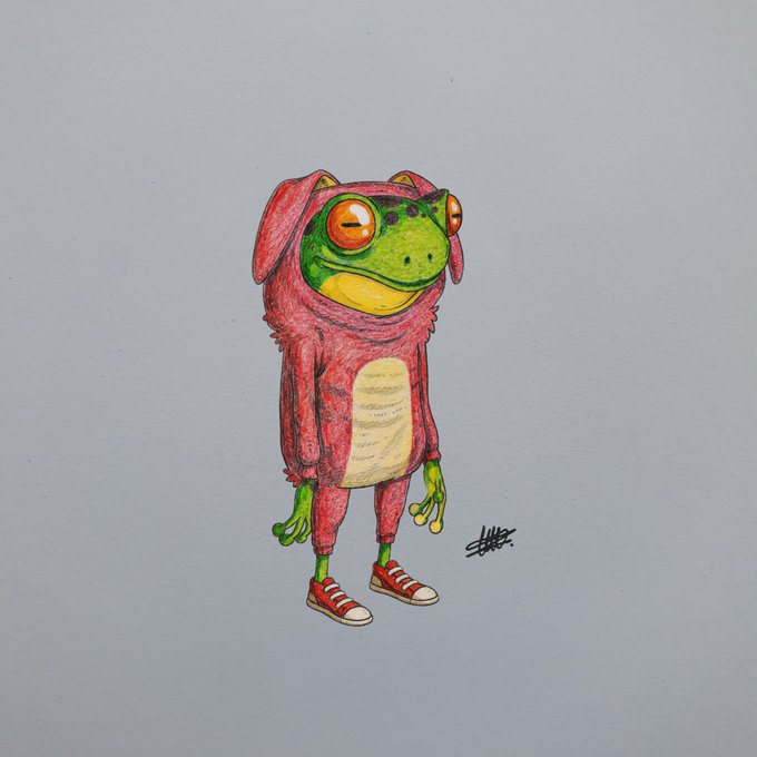 A whimsical hand-drawn illustration depicts a green frog character wearing a red bunny-eared onesie and red sneakers, signed by the artist. The mascot playfully connects to the post by serving as a charming, memorable visual identity for $ZSWAP and the ZygoSwap ecosystem celebrating its Golden Ticker achievement on DEX Screener.
