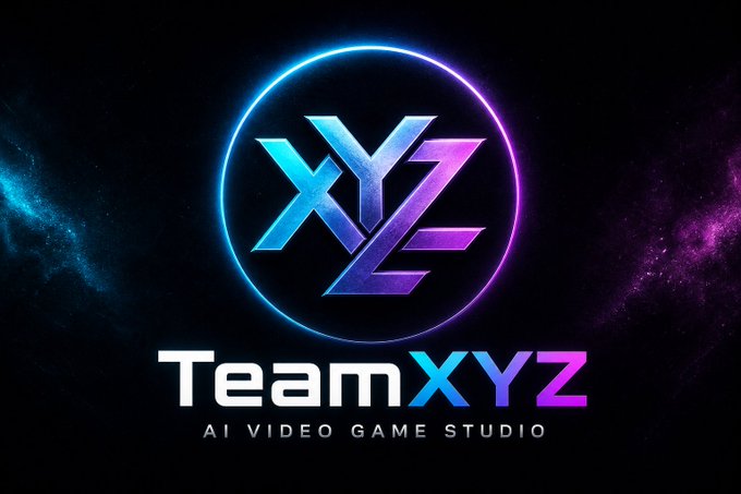 A glowing neon logo featuring the letters "XYZ" inside a circle against a starry cosmic background, with the text "TeamXYZ" and "AI VIDEO GAME STUDIO" displayed below.