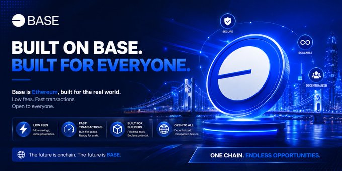 A promotional banner for Base blockchain reading 'BUILT ON BASE. BUILT FOR EVERYONE.' with the tagline 'Base is Ethereum, built for the real world. Low fees. Fast transactions. Open to everyone.'