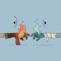 A simple cartoon drawing of two figures, one in orange and one in green, appearing to wrestle or fight on a light blue background.