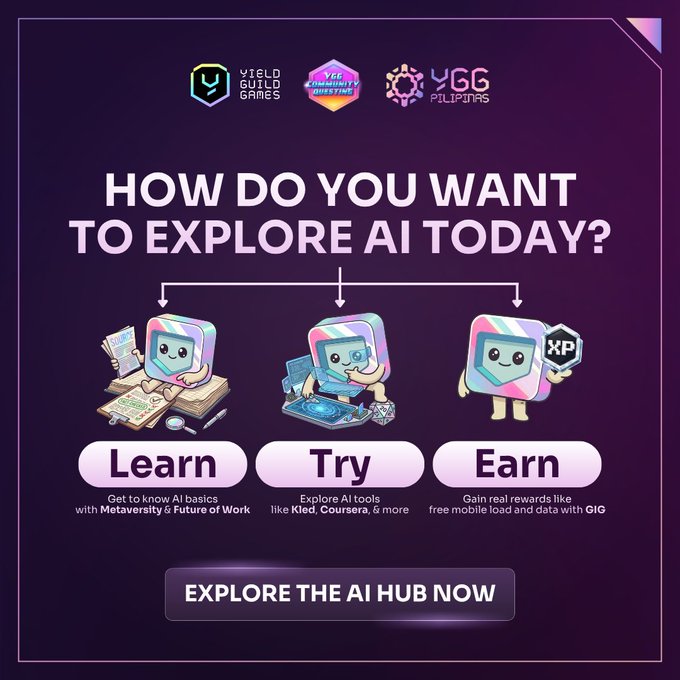 The image features a poster with three cartoon characters, each representing a different aspect of exploring artificial intelligence (AI). The first character is holding a book, symbolizing learning about AI basics. The second character has a computer mouse and keyboard, signifying creating AI applications or projects. The third character is holding an award, indicating that the individual has gained recognition for their work in AI. The poster also includes text promoting the AI Hub, encouraging people to explore it and learn more about AI.