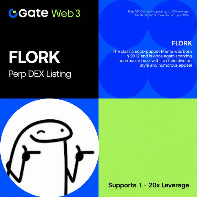 Gate Web 3 promotional graphic announcing 'FLORK Perp DEX Listing' featuring the classic FLORK sock puppet meme, noting supports 1-20x leverage with up to 200x leverage on Perp DEX Contracts.