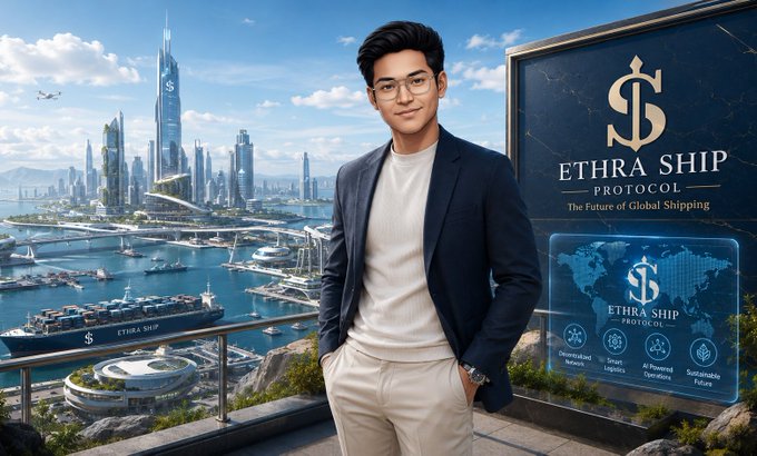 A young man in a blazer and glasses stands before a futuristic port city, next to a sign reading "ETHRA SHIP PROTOCOL - The Future of Global Shipping".