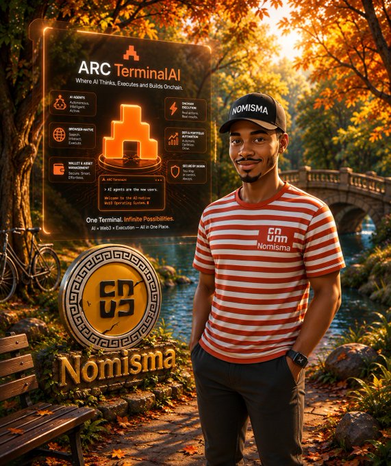 In this image, there's an adult male wearing a striped shirt standing next to a bench with trees behind him. The man has his hands in his pockets and appears to be posing for a photo. In front of them, there are two signs - one is a large sign that says "Nomisma" written in gold letters, while the other is a smaller sign featuring an orange triangle with a black border and the word "ARC" written inside it. The man's attire includes a striped shirt and a baseball cap.