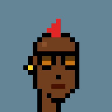 Pixel art portrait of a character with brown skin, golden eyes, and a red flame-like mohawk against a gray background.