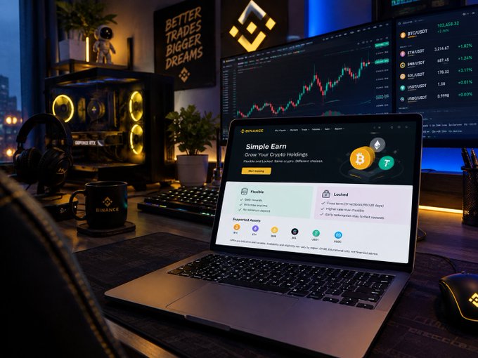 A laptop displays the Binance "Simple Earn" page set against a trading desk with crypto charts and a glowing Binance logo, reinforcing the post's message about rethinking crypto earnings on Binance Simple Earn by focusing on holding duration rather than just returns.