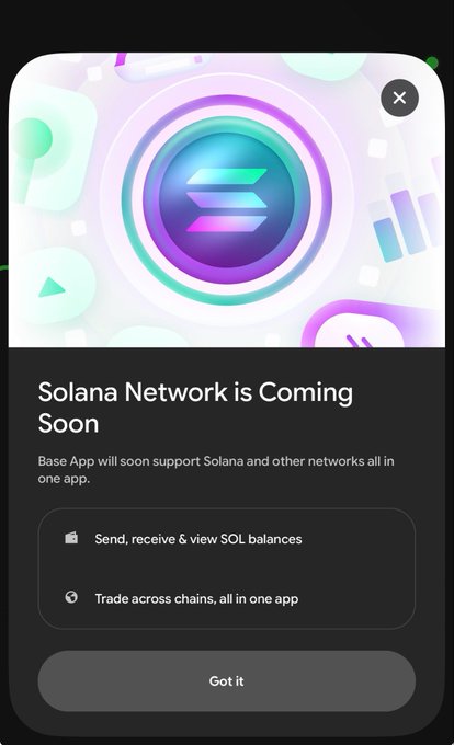 The image shows a phone screen with an app called "Solaana Network", which appears to be about trading tokens or cryptocurrencies. The app has a message that says "BaseApp will soon support Solana and other networks". This implies that the app is in the process of being updated, possibly to include new features for token trading on Solana network.

The phone screen also displays an image of a coin with a blue circle and purple border, which could be related to the tokens or cryptocurrencies being supported by the app. The background color of the image is white, making it stand out against the black text and app interface.