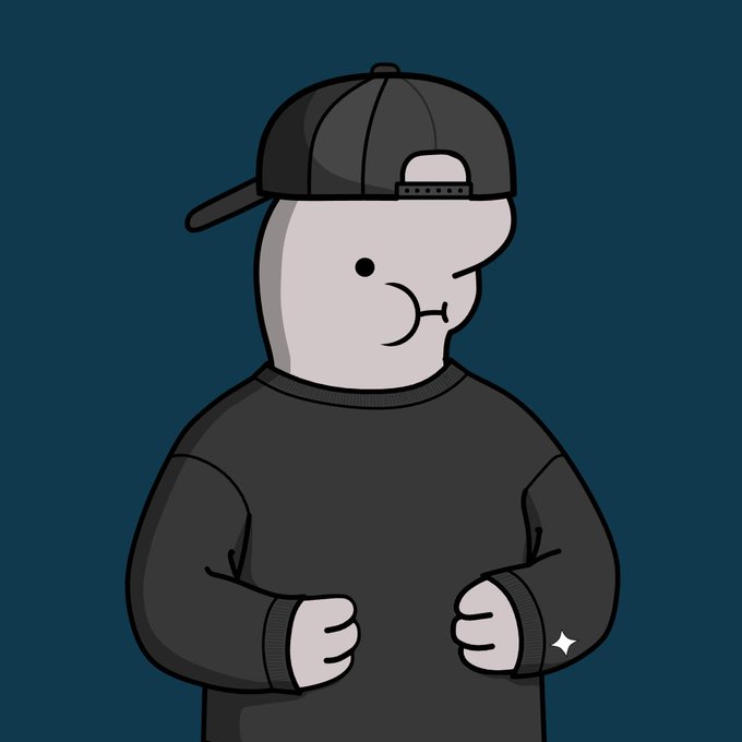 A minimalist cartoon illustration of a white character wearing a backwards black baseball cap and a black sweater, puckering its lips against a dark blue background.