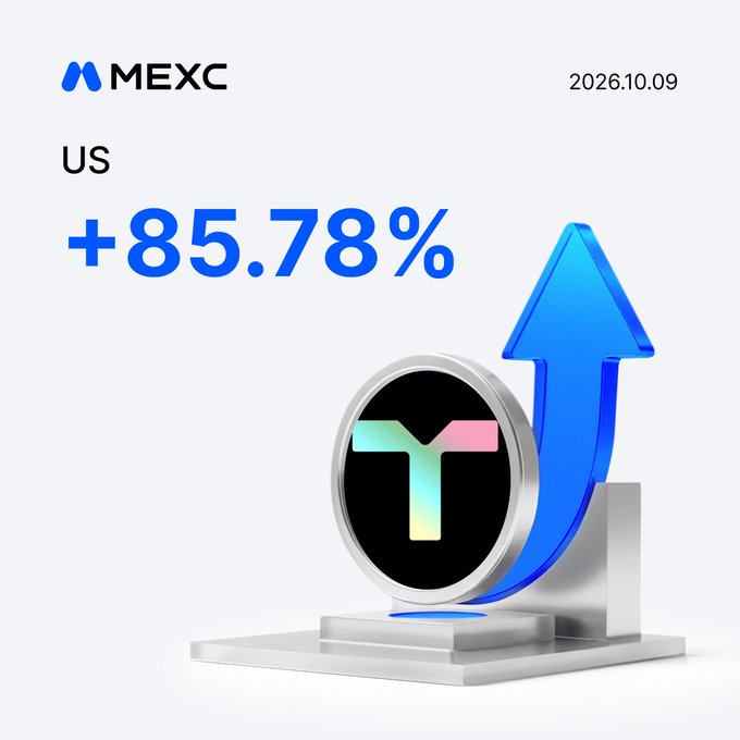 A promotional graphic from MEXC dated 2026.10.09 showcases the $US token with a +85.78% surge, featuring a large blue upward arrow next to a circular token display on a podium. The image visually reinforces the post's message about $US's strong daily performance, encouraging viewers to trade the $US/USDT futures pair on MEXC.