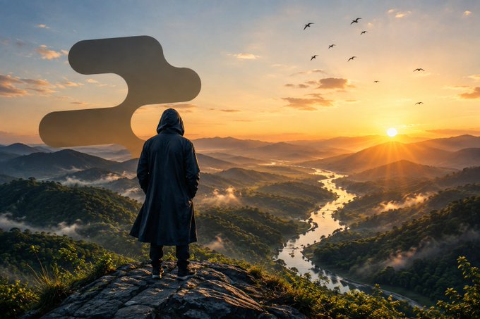 A hooded figure in a dark coat stands on a rocky cliff overlooking a misty mountain valley with a winding river at sunset, while a large motion-blurred shape resembling a logo floats in the sky above.