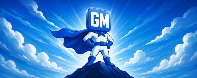 The image features a cartoon-style graphic that depicts a superhero wearing a blue mask holding a large GM logo over his head, standing atop a mountain. The caption of the image suggests that the graphic is related to a promotional activity or event for GML Liquidator.