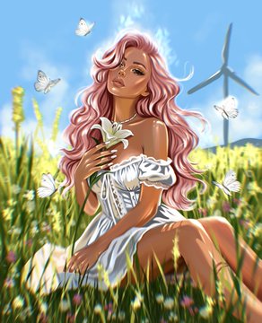 A digital illustration of a woman with flowing pink hair holding a white lily flower, sitting in a sunny field of wildflowers with butterflies and a wind turbine in the background.