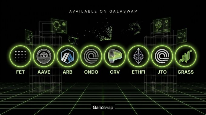 A promotional graphic with the header "AVAILABLE ON GALASWAP" displays the logos of eight newly listed cryptocurrencies—FET, AAVE, ARB, ONDO, CRV, ETHFI, JTO, and GRASS—set against a neon green retro-tech grid background with holographic interface elements, visually supporting the announcement of these new trading pairs on the GalaSwap platform.