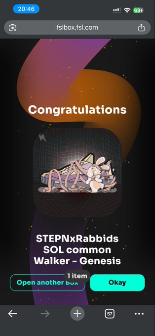 A mobile screenshot from fslbox.fsl.com showing a 'Congratulations' screen for unboxing a 'STEPNxRabbids SOL common Walker - Genesis' NFT.