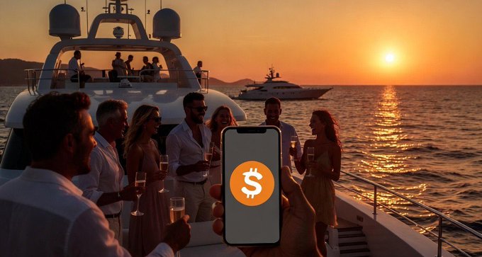 A group of well-dressed people celebrate with champagne on a luxury yacht at sunset, while a hand holds up a smartphone displaying a stylized "$" symbol. The image visually embodies the post's narrative of $SHIB holders who endured early skepticism and are now enjoying the rewards of their long-term conviction.