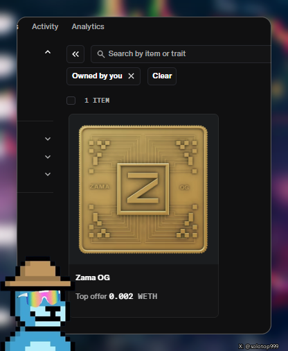 The image shows an NFT marketplace listing for a "Zama OG" NFT with a top offer of 0.002 WETH, corresponding to the post's discussion of this digital collectible tied to the $ZAMA token. The golden pixel-art style NFT card features the Zama logo, and based on the post's claim that each holder averages 5 NFTs originally worth $1,800 at listing, this item represents early supporter status from a free mint that yielded significant profit at TGE.