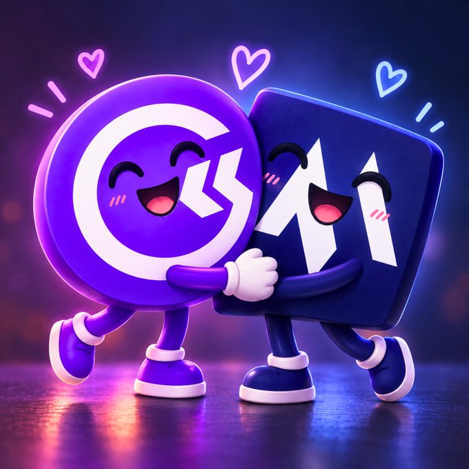 A 3D illustration of two cute, smiling purple characters hugging each other, with pink and blue hearts floating around them.