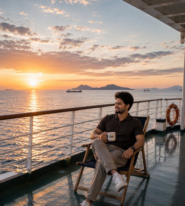 A man relaxes in a chair on the deck of a boat at sunset, holding a mug labeled 'GM' while looking out at the calm sea and distant islands.