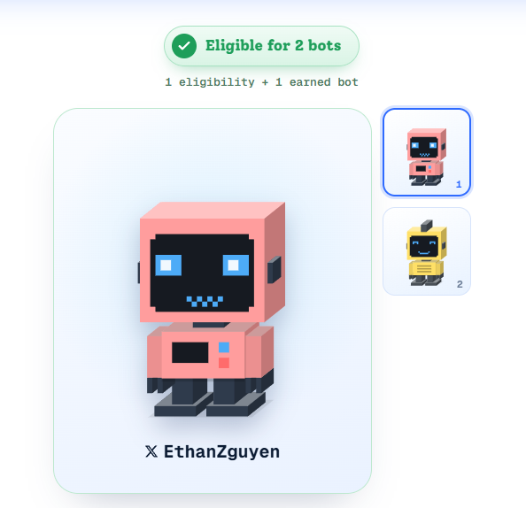 The image shows a digital interface with a pink voxel-style robot character labeled "EthanZguyen," displayed alongside a yellow robot option, with a banner indicating "Eligible for 2 bots" based on "1 eligibility + 1 earned bot." This aligns with the post's description of Conso Bots as mobile reputation nodes from @conso_xyz, showcasing the user's minted and eligible bot assets tied to their Web3 activity.