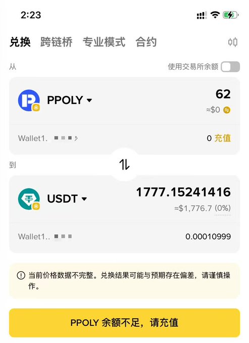The image shows a Binance wallet exchange screen attempting to swap 62 PPOLY tokens for approximately 1,777 USDT (~$1,776.70), but the transaction cannot proceed due to insufficient PPOLY balance. This relates to the post about a potential Polymarket airdrop opportunity, where the user speculates that 1 USDT investment could yield around 62 PPOLY tokens in this Pre-Access wealth management event.