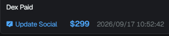 Screenshot of a 'Dex Paid' notification showing $299 payment for 'Update Social' at 2026/09/17 10:52:42.