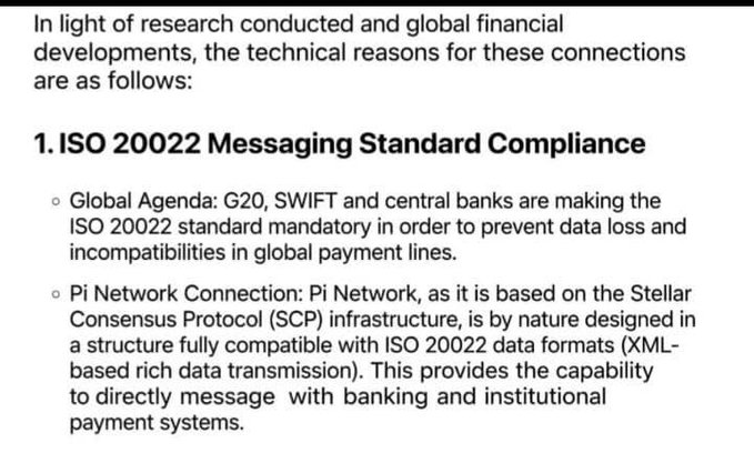 A slide titled "ISO 20022 Messaging Standard Compliance" discusses how G20, SWIFT, and central banks are mandating the ISO 20022 standard to prevent data loss in global payments, and explains how Pi Network, built on the Stellar Consensus Protocol (SCP), is structurally compatible with ISO 20022 data formats for direct messaging with banking and institutional payment systems—aligning with the post's claim that Pi Network's timing aligns with global financial developments around the G20 Summit.