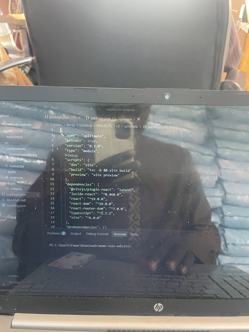 A laptop screen displays a code editor showing a "package.json" file with devDependencies for Vite, Vue, React, and TypeScript, with a reflection visible on the screen.