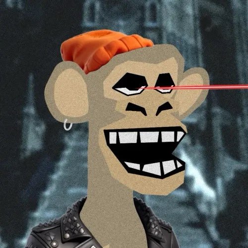 A cartoon monkey wearing an orange beanie and a studded leather jacket, firing a red laser beam from its eyes.