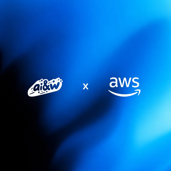A collaboration announcement graphic with a blue gradient background showing the stylized logos "ai&w x aws" (a stylized 'w' logo next to the Amazon Web Services logo).