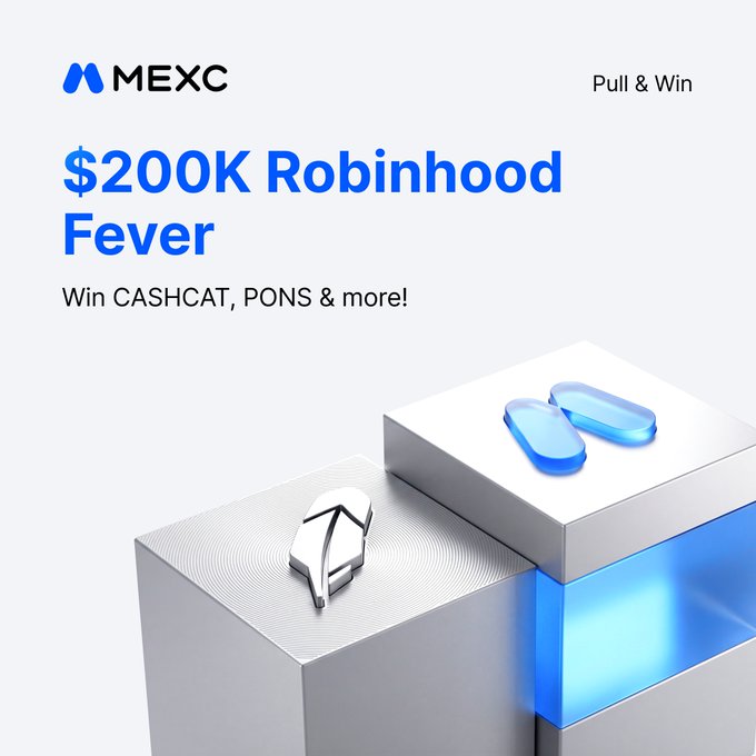 A promotional graphic for MEXC's 'Pull & Win' event titled '$200K Robinhood Fever', advertising prizes including 'CASHCAT, PONS & more!', featuring an image of a silver cube and a white cube with a blue 'M' logo.