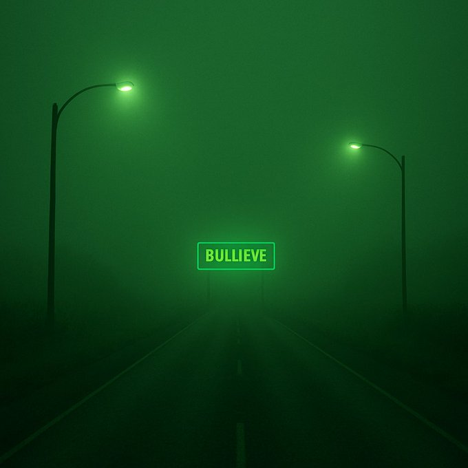 A foggy, dark green scene of a road flanked by two street lamps, with a glowing green road sign in the distance that reads 'BULLIEVE'.